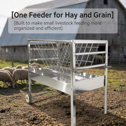 Heavy Duty 2-in-1 Goat Feeder, Hay and Grain Livestock Feed Trough with Wheels, Mobile Feeding Station for Goats Sheep in Pasture or Barn