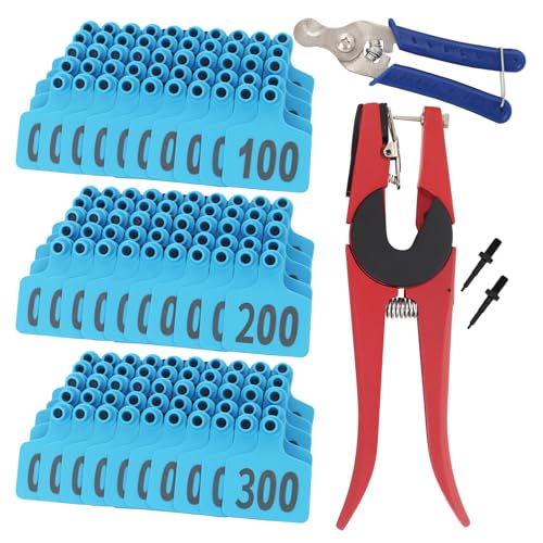 Cattle Ear Tags 001-300, 300Pcs Plastic Livestock Ear Tag for Cows Goats Sheep Pigs with Pliers Applicator & 2 Pins, Animal ID Tags for Ranch Farm Herd Tracking, Laser Print (001-300, Blue) - color: Blue