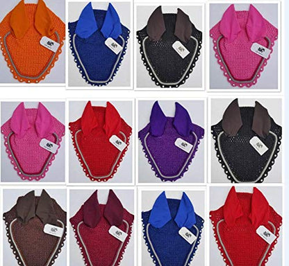 Horse Fly Bonnet with Ears Net Mask Veil with Crystals Blings Hand Made Breathable Cotton Crochet Shows Protect from Bugs and Flies (Full, Black)