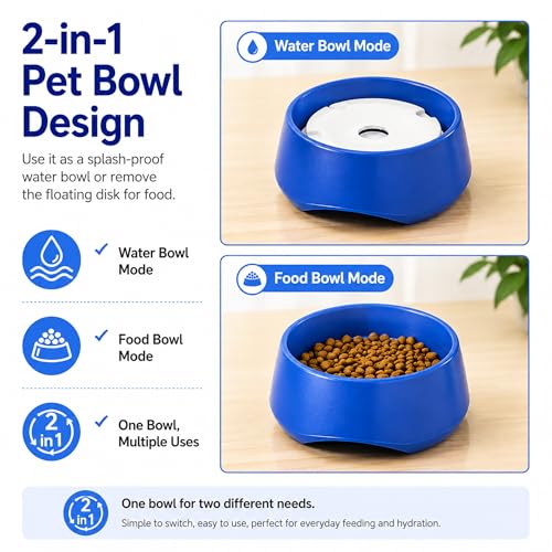 Blue No Spill Dog Water Bowl, Pet Floating Water Bowl No Wet Mouth, Anti Splash & Anti Tip Slow Water Feeder, Keeps Fur Dry Clean Drinking Bowl for Dogs & Cats, Large Capacity Travel Friendly - color: Blue, White