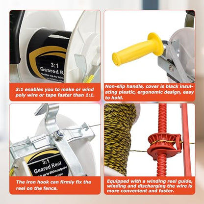 3:1 Geared Electric Fencing Reel, Electric Fence Wire Reel, with Guide - size: 0 ft x 1 standard reel x 1 guide