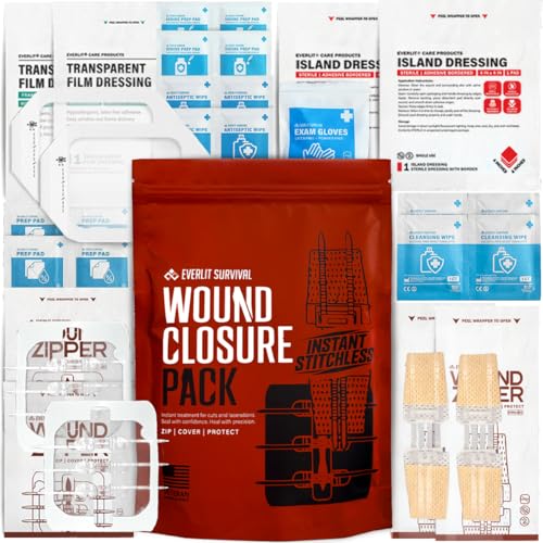 EVERLIT Wound Closure Pack | 4 Pcs Surgical Wound Zip Devices for Cut & Laceration Wound Repair | Sterile, Suture-Free, Stitch-Less Adhesive Butterfly Bandage Strips for Emergency First Aid Care - size: 4 Zip Compact Pack