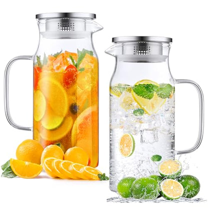 Bivvclaz 2 Pack 1.2 Liter 40 oz Small Glass Pitcher with Lid and Handle, Glass Carafe Water Pitcher for Hot/Cold Water, Iced Tea, Drinks, Coffee, Juice and Homemade Beverage - color: Clear, size: 40 Ounces (2 Pack)