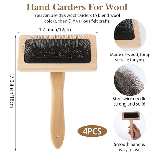 4 Pcs Hand Carders for Wool, Wool Carders & Carding Brush Set with Wood Handle, 4.72" x 7.09" Yarn Brush for Needle Felting, Pet Grooming, Yarn & Fiber Craft Projects (Natural Wood)