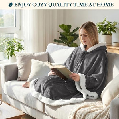 PAVILIA Hooded Blanket Poncho for Women, Fleece Wearable Shawl Wrap, Grey | Fleece Shawl Wrap with Hood, Adult Wearable Blanket, Cozy Warm Poncho Cape Throw with Pockets, Gift for Elderly Mom - color: Grey