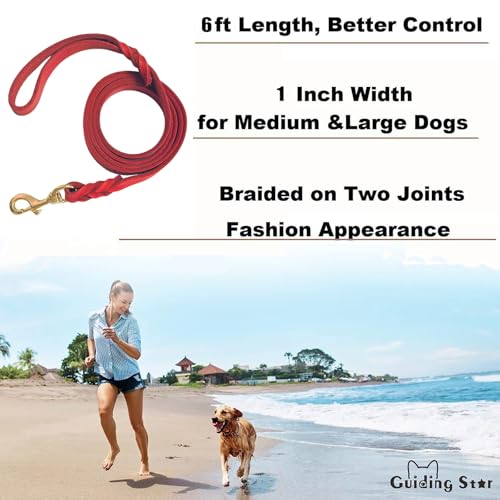 Guiding Star Leather Dog Leash - 6ft Heavy Duty, Soft Braided Handmade Leather Training Leash for Large & Medium Dogs (6ftx1inch, Red) - color: Red, size: 6ft x 1 inch