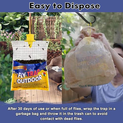 6 Big Fly Bags Outdoor Traps Hanging for Patio - Pre-Baited, Disposable | Fly Catcher Killer Repellent with 6*50g Bait for Outside in Chicken Coop, Horse Barns | Easy to use | Durable | Effective - size: 6 Pack