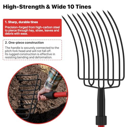 COSITA Pitch Fork for Garden, Wide Pitchfork with 10 Metal Tines, Heavy Duty Garden Fork with Fiberglass Handle 44-Inches, Chicken Coop Pitchforks for Manure, Mulching, Composting, Red