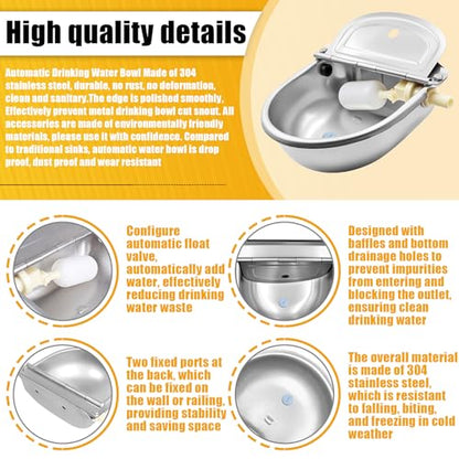Automatic Animal Drinking Water Bowl with Float Valve and Drainage Hole 304 Stainless Steel Feeder Waterer Livestock Water Trough Suitable for Pet Dog Horse Cattle Goat Sheep 2Pcs（Dia 9in） - style: 2.5L-2pcs