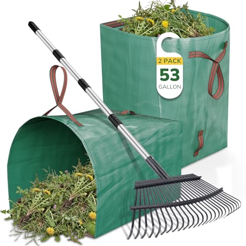 GreatBuddy Leaf Rake and Leaf Bags Combo, Adjustable Metal Garden Rake 29''-72'' 25 Tines, 2 Pack 53 Gallon Reusable Yard Waste Bags, Heavy Duty Lawn Rake with Dustpan Leaf Collector for Yard Cleanup - size: 25 tines & 53 gal 2 packs