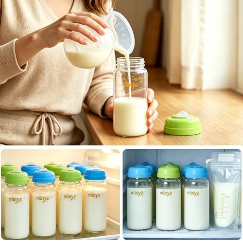 Matyz Glass Breastmilk Storage Set, 6 Pack 10oz, Compatible with Spectra Medela Philips Avent Pumps, Wide-Mouth Leakproof Containers for Freezing & Feeding, BPA-Free (3 Green & 3 Blue Lids) - color: [6 Pack] 3 Green & 3 Blue Lids - 10 Ounce Borosilicate G