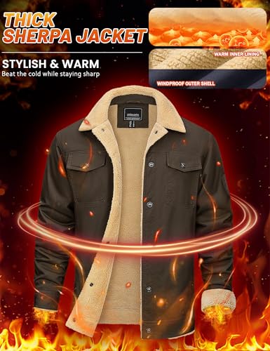 KEFITEVD Men's Winter Fleece Jacket Sherpa Lined Warm Cargo Trucker Coat - color: Coffee, size: Small