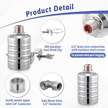 2 Packs 304 Stainless Steel Float Valve Automatic Water Level Control Float Valve 1/2" To 3/4'' Auto Shut off Water Tank Floats with Side/Top Entry for Fish Tank Swimming Pool Troughs