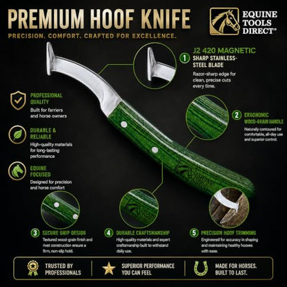 Right-Hand Straight Blade Hoof Knife with Rhino Hook, J2 420 Magnetic Stainless Steel, Ergonomic Green Handle, Farrier Horse Hoof Trimming Tool for Sole & Frog Paring
