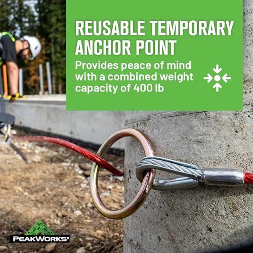 PeakWorks Fall Protection Anchor Sling Cable - Climbing, Roof, Construction, Abrasion Resistant Galvanized PVC Coated Metal Connector Strap, 2 0 Rings, 6ft Long x 1/4in Thick, OSHA Compliant V8208606 - size: 6 ft.