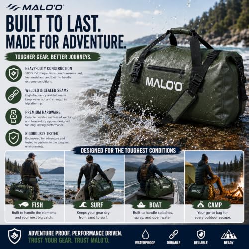 Malo’o Waterproof Dry Duffel, Heavy-Duty Roll Top Waterproof Gear Bag with Shoulder Strap & Molle Loops, Marine Duffel for Kayaking, Boating, Camping, Beach & Travel, Black, 60L - color: Black, size: 60L