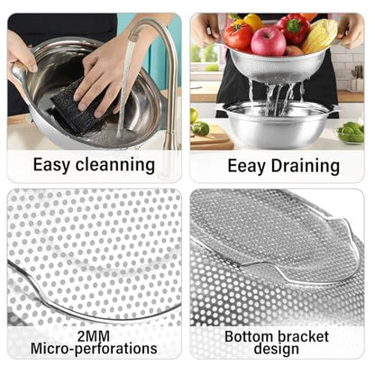 Stainless Steel Colander for Kitchen, 2.5QT Rice Washer Strainer with Mixing Bowl, Colander Bowl Set with Microporous for Washing Rice, Pasta, Spaghetti, Fruits, Dishwasher Safe(2PC) - size: 2.5QT