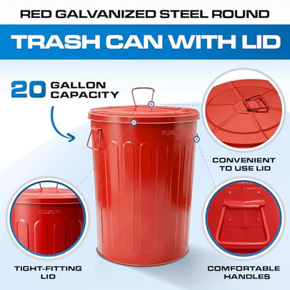Plexon 20 Gallon Metal Trash Can with Lid Outdoor Large Trash Bin Steel Garbage Can for Garage Patio Farmhouse Bucket Bird Seed Storage Can Heavy Duty Round Container, Red - color: Red