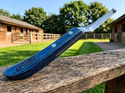 Left-Hand Curved Blade Farrier Hoof Knife, J2 420 Magnetic Stainless Steel Blade, Ergonomic Blue Handle, Horse Hoof Trimming Tool for Sole & Frog Paring - style: Left-Handed