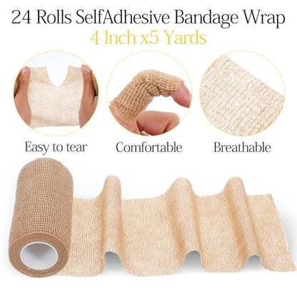 24 Rolls Self Adhesive Bandage Wrap, Vet Wrap 4 Inch x 5 Yards for Horses Dogs Wounds Care, Beige Self Sticking Elastic Bandage Tape for Wrist, Ankle, Sports