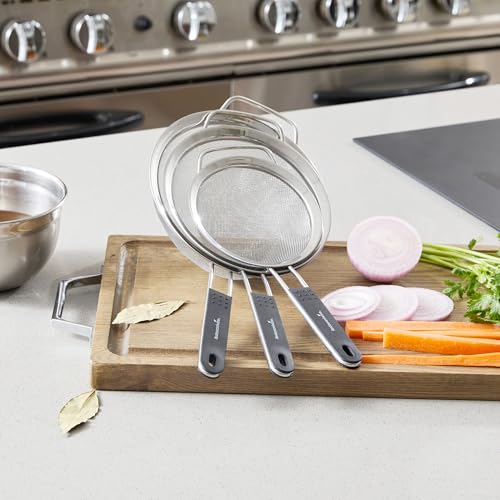 Restaurantware Fine Mesh Strainer Set of 3 Different Sizes with Silicone Handle Stainless Steel Extra Fine Mesh Strainer Heat-Resistant Handle Dishwasher-Safe for Rice, Quinoa, Pasta - size: Standard, Extra Fine Mesh-3-Piece Set