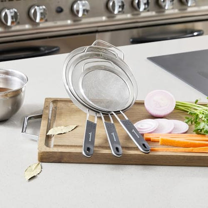 Restaurantware Fine Mesh Strainer Set of 3 Different Sizes with Silicone Handle Stainless Steel Extra Fine Mesh Strainer Heat-Resistant Handle Dishwasher-Safe for Rice, Quinoa, Pasta - size: Standard, Extra Fine Mesh-3-Piece Set