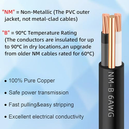 XMK NM-B 6/2 Wire with Ground,15FT 6 AWG Copper Wire,6 Gauge 2 Conductor - size: 15ft, style: 6 AWG-2 Conductor w/ Ground