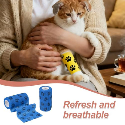 Pet Wrap Bandages, 4 Inch 5 Yard Self Adhesive Bandage Wrap, Pet Non-Woven Tape First Aid Cohesive Gauze, (Blue/Paw, 2 Pcs), Intended for Dog/Cat/Bird/Legs/Paws/Wound - color: Blue, size: 4 inch