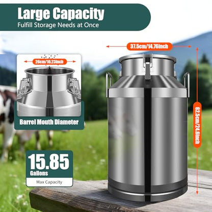 Stainless Steel Milk Can, 60 Liter Seamless Milk Jug Wine Pail Bucket 15.85 Gallon Anti-Leak Liquid Storage Container Milk Pail with Sealed Lid Heavy Duty for Milk and Wine (60L) - size: 60L