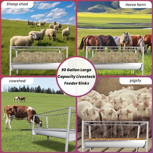Livestock Grain & Hay Feeder for Goats, 90 Gallon Large Capacity Pasture Hay Feeder with Deeper 23.6 Inch Wide Grain Trough, 59-Inch Long Stainless Steel Goat Hay Feeder for Goats, Sheep, Horse