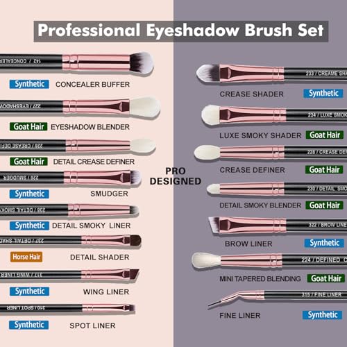 Bueart Design 15Pcs Professional grade Eye Makeup Brushes Set with Real Natural Goat Pony hair,Premium Soft Synthetic Eye shadow brush kit for Eyeshadow Concealer Crease blending Eyebrow, Eyeliner