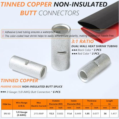 SVAAR 6PCS 0 Gauge Non Insulated Butt Connectors 1/0 AWG Uninsulated Butt Splice Connectors Crimp Repair Butt Splices Kit Tinned Copper Seamless Barrel Butt Splice Terminals & 6PCS 3:1 Heat Shrinks