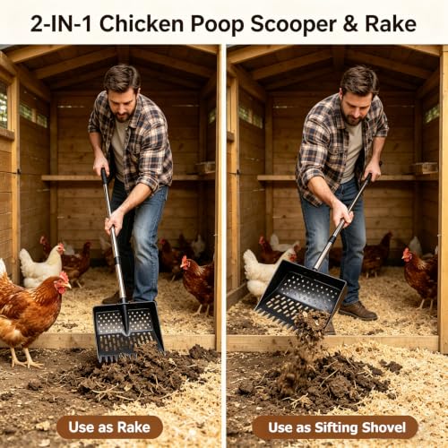 2-in-1 Chicken Poop Scooper & Rake, Telescopic Stainless Steel Handle, Multifunctional Chicken Coop Cleaner for Sand, Bedding and Manure Cleaning