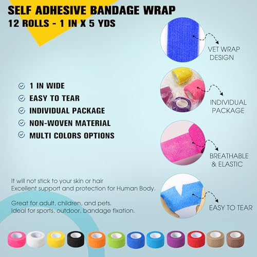 12 Pack Self Adhesive Bandage Wrap, 1 in x 5 Yards Vet Wrap Tape, Blue - color: Blue, size: 1 IN x 5 YDS - 12 Pack