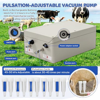 2-in-1 Goat and Cow Milking Machine, 3.7Gal Stainless Steel Bucket with 5200mAh Built-in Rechargeable Battery, Cordless Electric Vacuum Pulsator, 4 Teat Cups, Portable Electric Milking Machine (14L)