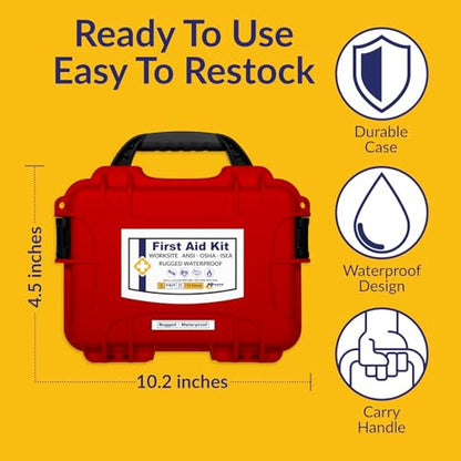 MFASCO Worksite First Aid Kit OSHA ANSI Class A Rugged Waterproof Case - color: Red