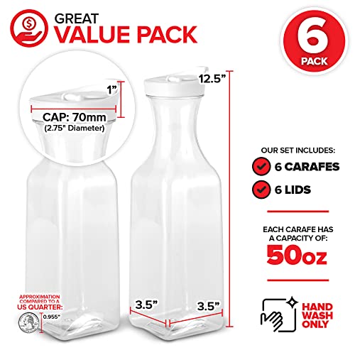 Plastic Juice Carafe with Lids (Set of 6) 50 oz Carafes for Mimosa Bar, Drink Pitcher with Lid, Water Bottle, Milk Container, Clear Beverage Containers for Fridge, Pantry Storage, Square Pitchers - size: Set of 6