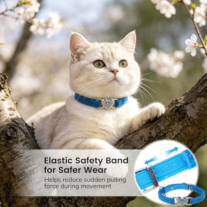 BINGPET Diamond Cat Collar with Bell, Adjustable Kitten Collar, Blue - color: Blue(Heart), size: Neck Girth 8"-10"