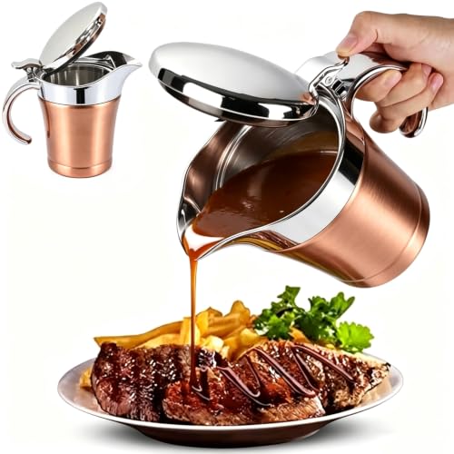 Double Insulated Gravy Boat - Stainless Steel Sauce Jug with Hinged Lid Hinged Lid Ideal for Gravy or Cream at Thanksgiving (450ML/16 OZ Rose gold) - color: 450ML/16 OZ Rose gold