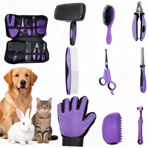 Cat Grooming Kit,Kitten Puppy Pet Dog Grooming Kit,Dog Slicker Brush,9PCS - color: Purple-9