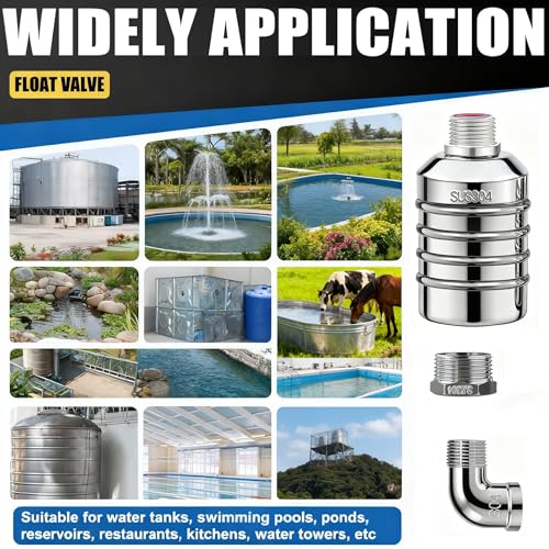 2-Pack NPT 1/2" Float Valve, Leak-Proof 304 Stainless Steel Automatic Water Level Control Float Valve with 1/2" 3/4" Premium 304 SS Connections for Water Trough Fish Tank Pool Livestock