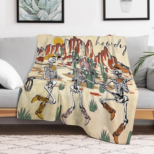 Cowboy Throw Blanket, Western Retro Wild Desert Funny Halloween Skeleton Howdy Rustic West Skull Fleece Fuzzy Fannel Blankets for Sofa Bed Chair Couch Bedroon Living Room Gifts, 30"x40" Inch - color: Cowboy-03, size: 30x40 inch