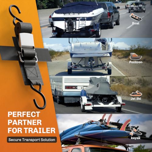 Stainless Steel Boat Trailer Transom Tie Down Straps, 1200 LBS Capacity, 2" x 4' Adjustable Buckle Straps for Boat, Jet Ski & Pontoon, with Quick-Release & Anti-Scratch Hooks - Silver - color: Silver
