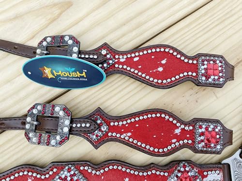 Western Leather Headstall & Breast Collar Set for Horses - Valentine’s Day Silver Metallic Cowhide with Rhinestones - color: Red