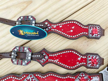 Western Leather Headstall & Breast Collar Set for Horses - Valentine’s Day Silver Metallic Cowhide with Rhinestones - color: Red