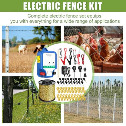 MorningRo 8 Mile Electric Fence for Livestock, 12kv 2j Electric Fence Charger, 3366 ft Polywire, 40 T Post Insulator, 20 Screw in Insulator for Horse Cattle Pasture