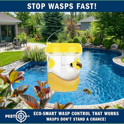 PESTEZE USA 2 Pack Reusable Solar Hanging Wasp Trap with LED Light [Yellow, 3.5×4.4 in] Attracts & Kills Wasps, Hornets, Yellow Jackets & Flying Insects Safely, Chemical-Free, Waterproof Outdoor Trap