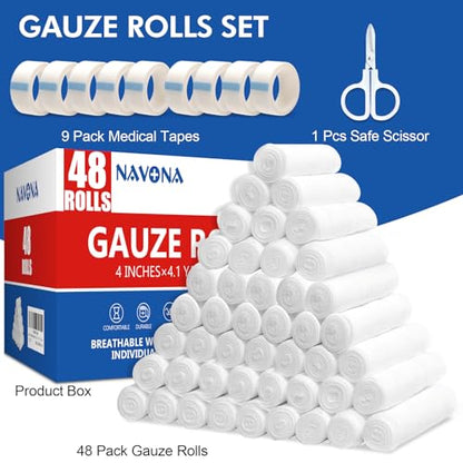 Navona 48 Pack Gauze Rolls 4 in x 4.1 Yards, Individually Wrapped Rolled Gauze Breathable, Mummy Wraps, Guaze Wrap Roll for Wounds - color: Pack of 48