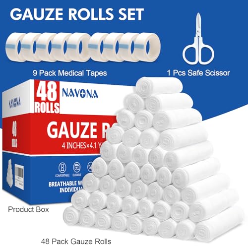 Navona 48 Pack Gauze Rolls 4 in x 4.1 Yards, Individually Wrapped Rolled Gauze Breathable, Mummy Wraps, Guaze Wrap Roll for Wounds - color: Pack of 48