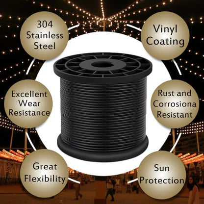 Vinyl Coated Wire Rope 304 Stainless Steel Coated Wire Cable-Black, 1/16" OD to 3/32" x 500FT, with 200 Pcs Crimping Sleeves-Cable for String Lights, Suitable for Clotheslines - size: 500FT